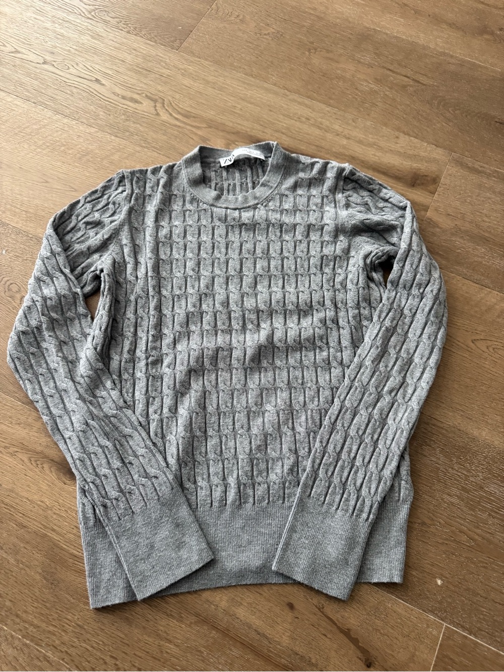 Zara Gray Cable-Knit Crewneck Sweater